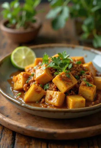 Rendang vegán tofuval, tálalva friss korianderrel és lime-mal