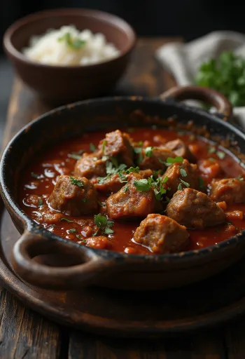 Rogan Josh bárányhússal, fűszeres szószban tálalva