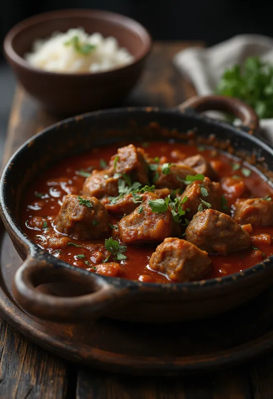 Rogan Josh bárányhússal, fűszeres szószban tálalva