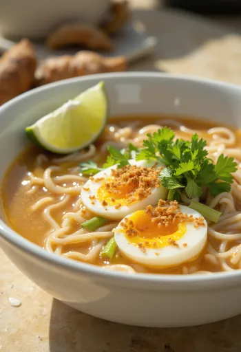 Soto Banjar csirkeleves főtt tojással, lime szeletekkel és korianderrel