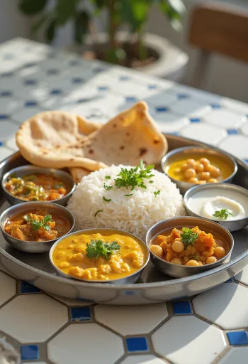Thali étkezés különböző étellel, mint basmati rizs, csicseriborsó curry, zöldségek, papad és menta chutney