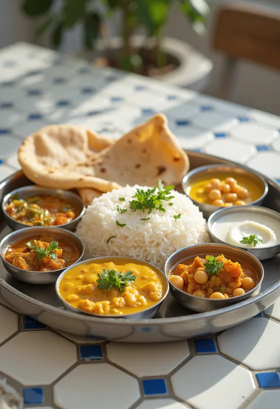 Thali étkezés különböző étellel, mint basmati rizs, csicseriborsó curry, zöldségek, papad és menta chutney