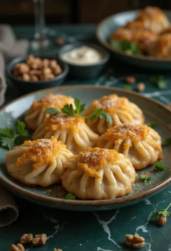 Tunéziai mentás-diós dumpling tálalva