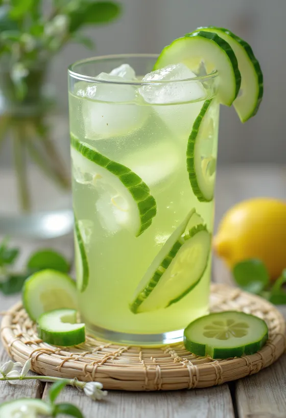 Frissítő uborkás limonádé pohárban mentával és jéggel