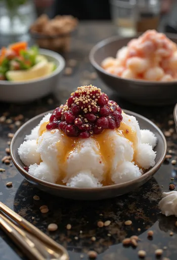Vörösbabos Bingsu, koreai jégdesszert vörösbab pürével és pörkölt szezámmal