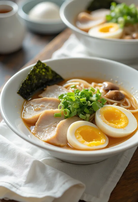 Yuzu ramen citrusos alaplével, csirkemellel és főtt tojással tálalva