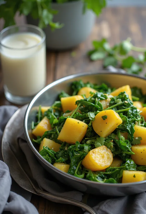 Aloo Palak Sabzi tálban, friss korianderrel díszítve