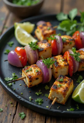Grillezett vegán anticucho, tofus pálcikák friss korianderrel tálalva