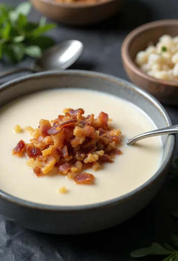 Baconös karfiolkrémleves tálalva