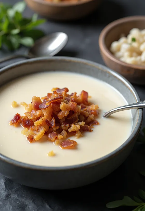 Baconös karfiolkrémleves tálalva