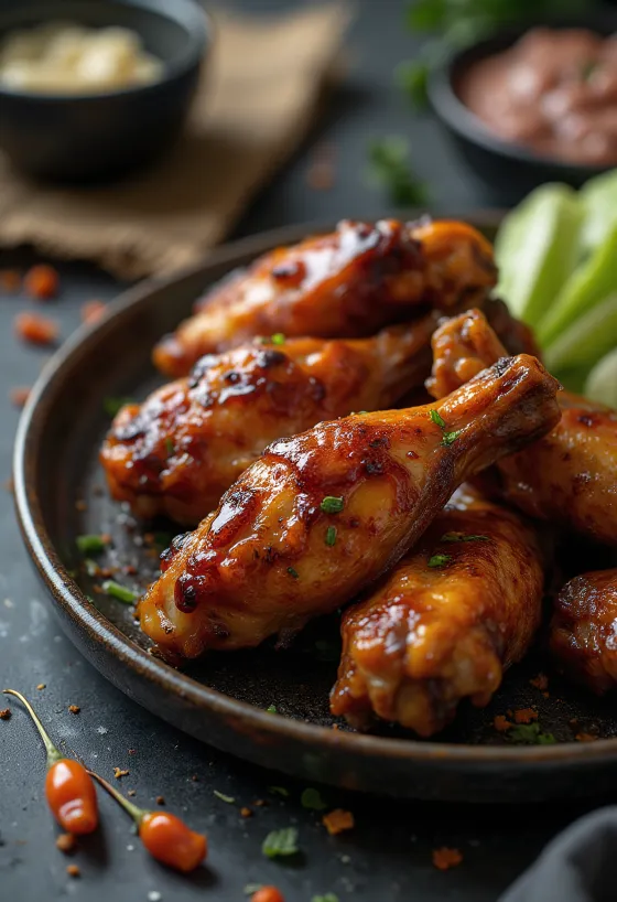 BBQ csirkeszárny tálalva friss körettel