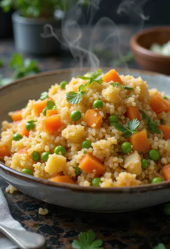 Bulgur piláf zöldségekkel, tálalva