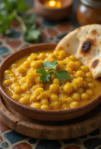 Chana Dal csicseriborsó, fűszeres, aranysárga étel korianderrel díszítve