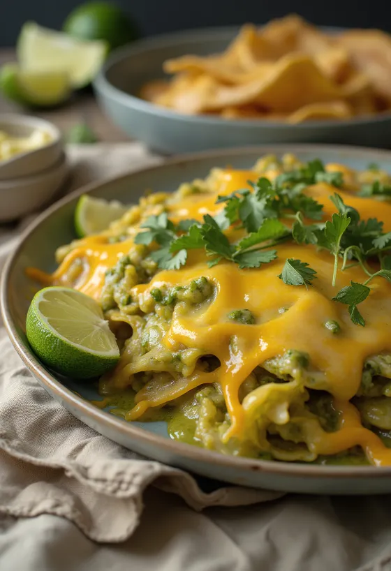 Chilaquiles suizos – ropogós tortilla darabok zöld chili szószban, friss sajttal és tejföllel tálalva