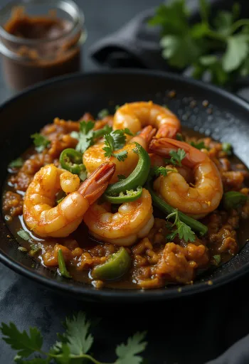 Chingri bhuna zöld chilivel, fűszeres rák és friss koriander