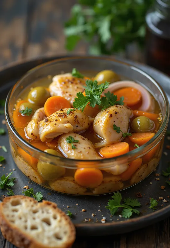 Escabeche olívabogyóval, csirkehússal, sárgarépával és fűszerekkel