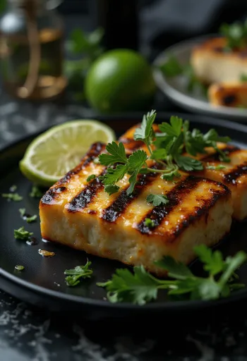 Grillezett tofu gyömbérrel tálalva, szezámmaggal és korianderrel megszórva