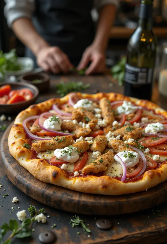 Gyros pizza sült csirkével, feta sajttal és tzatziki szósszal