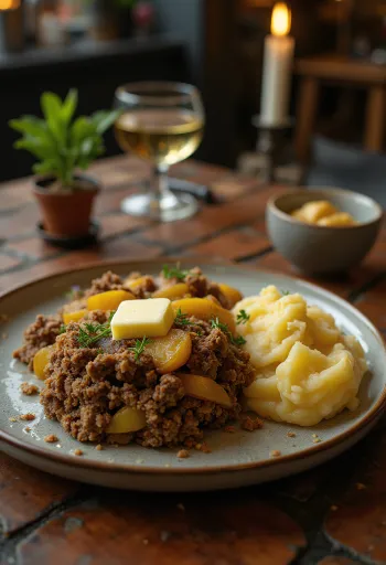 Haggis neeps and tatties-szel tálalva, gazdag pürével és friss zöldfűszerrel díszítve