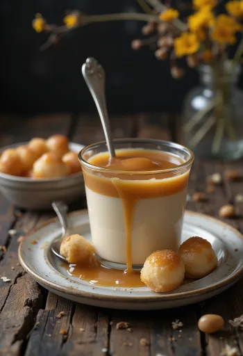 Karamellás puding tetején tejszínhabbal és karamell öntettel díszítve.