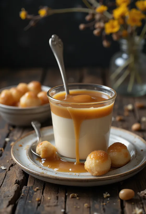 Karamellás puding tetején tejszínhabbal és karamell öntettel díszítve.