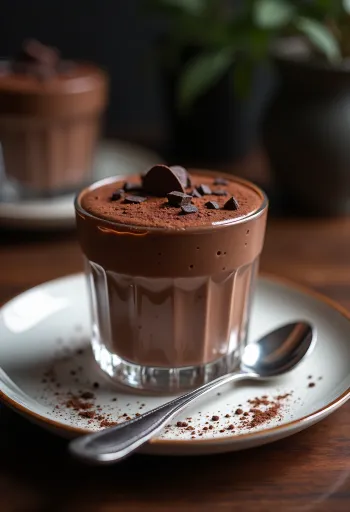Keto francia csokoládé mousse pohárban tálalva, étcsokoládé forgáccsal