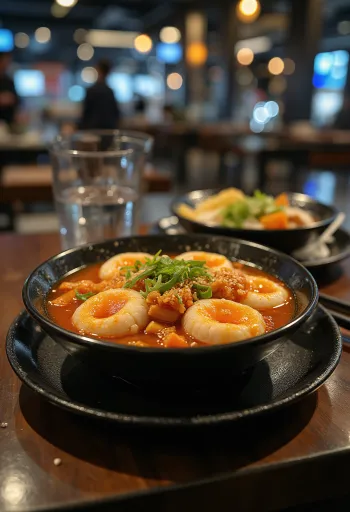 Kimchi tteokbokki - koreai rizstorta fűszeres kimchivel és szezámmaggal tálalva