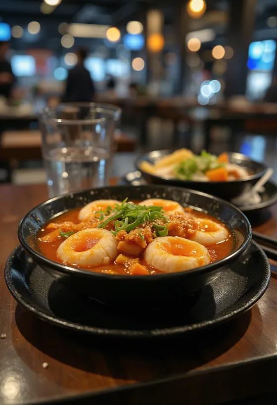Kimchi tteokbokki - koreai rizstorta fűszeres kimchivel és szezámmaggal tálalva