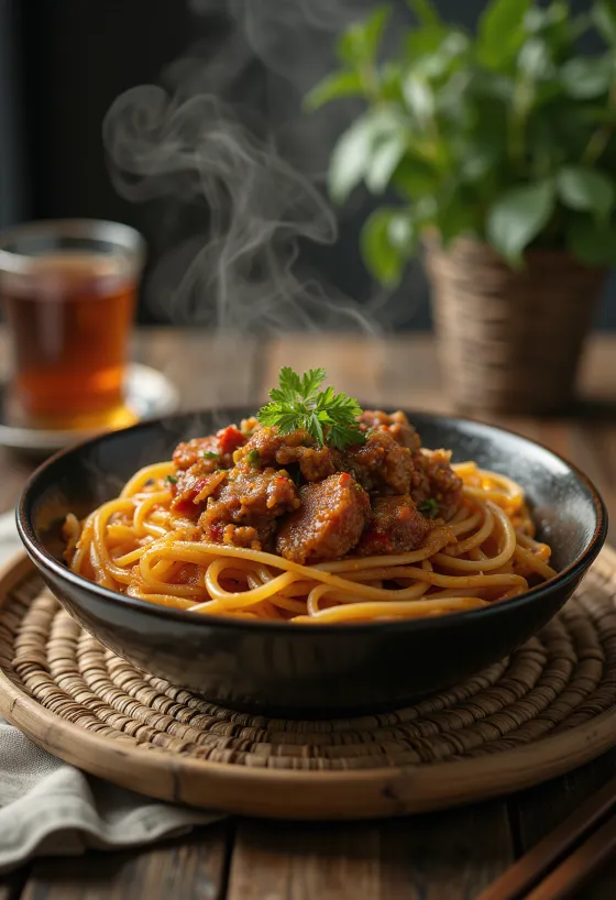 Lagman tálalva, kézzel húzott tésztával és marhahúsos raguval