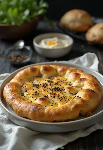 Lepinja nigella maggal, friss, ropogós lepény, tetején fekete köménymagokkal