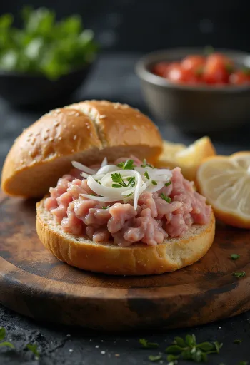 Mettbrötchen, nyers sertéshús zsemlén vöröshagymával