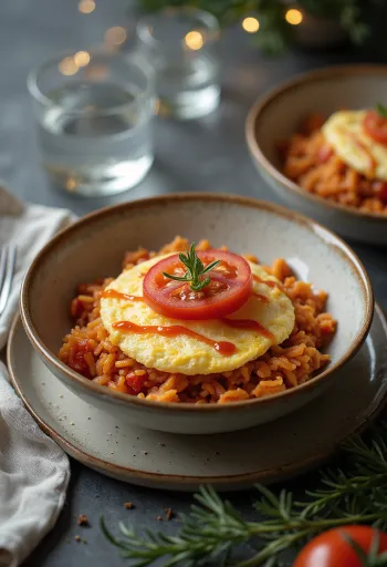 Omurice tál paradicsommal, egy finom japán étel tálalva
