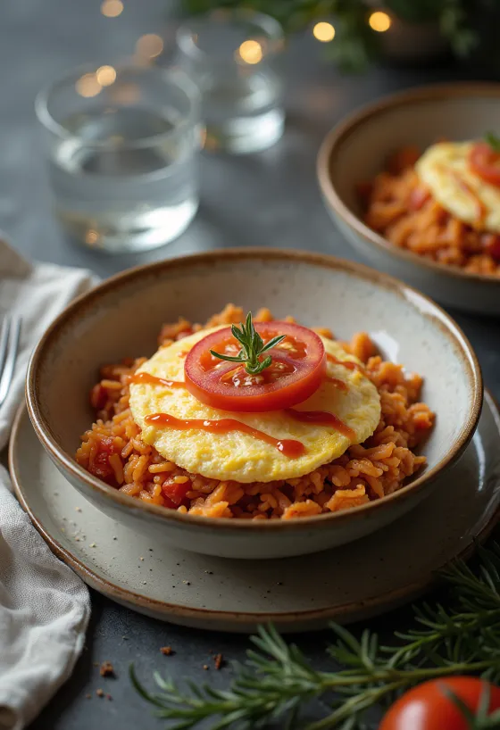 Omurice tál paradicsommal, egy finom japán étel tálalva