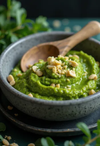 Vegán pesto sörélesztőpehellyel tálalva tésztán