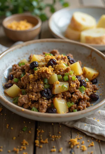 Picadillo mazsolával, gazdag húsos étel zöldségekkel és mazsolával tálalva
