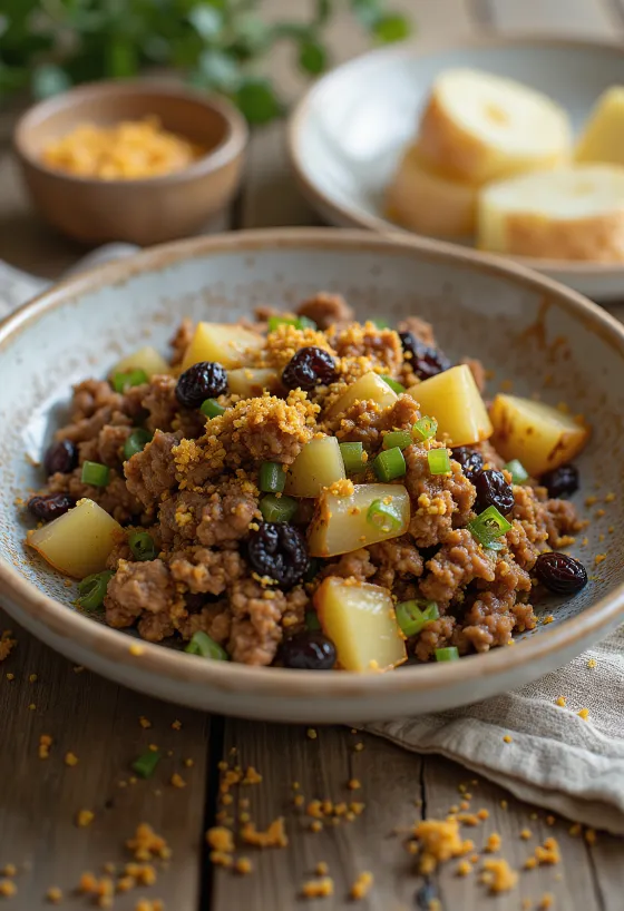 Picadillo mazsolával, gazdag húsos étel zöldségekkel és mazsolával tálalva