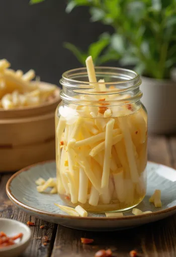Pickled bamboo shoots in a glass jar