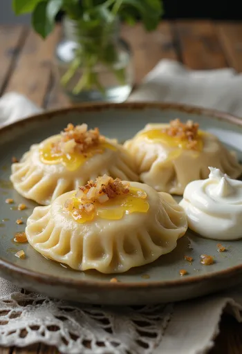 Pierogi káposztával, káposztás töltelékkel és pirított hagymával tálalva