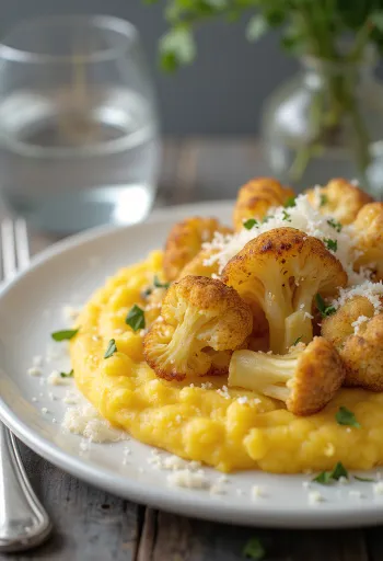 Krémes polenta sült karfiollal tálalva, fokhagymás ízesítéssel