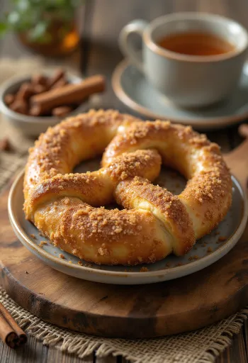 Friss, házi készítésű fahéjas cukros pretzel, ropogós és aranybarna
