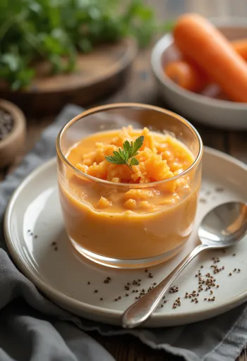 Probiotikus sárgarépás joghurt poharakban tálalva, narancsos árnyalatú krémes desszert