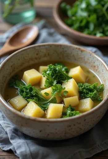 Psarosoupa vegán változatban, tofuval, kelkáposztával és friss petrezselyemmel tálalva