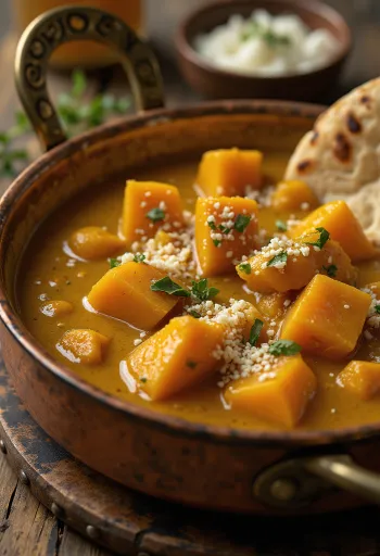 Krémes sütőtök curry friss korianderrel tálalva