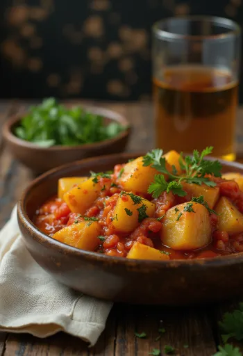 Aloo Tamatar Sabzi tálban, friss korianderrel díszítve