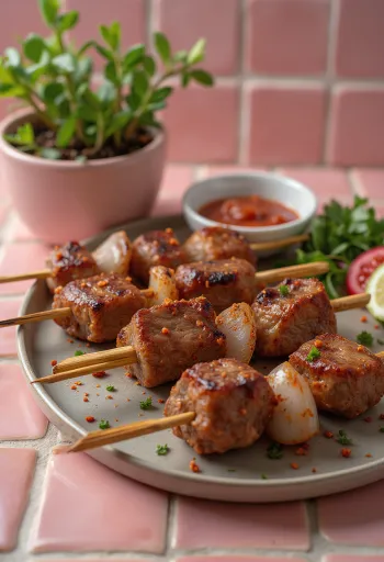Grillezett anticucho marhahússal, petrezselyemmel díszítve