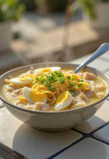 Arroz Caldo gyömbéres, ínycsiklandó csirkeleves friss zöldhagymával és főtt tojással tálalva