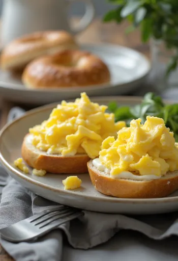 Bagel tojásrántottával és krémsajttal, friss petrezselyemmel díszítve