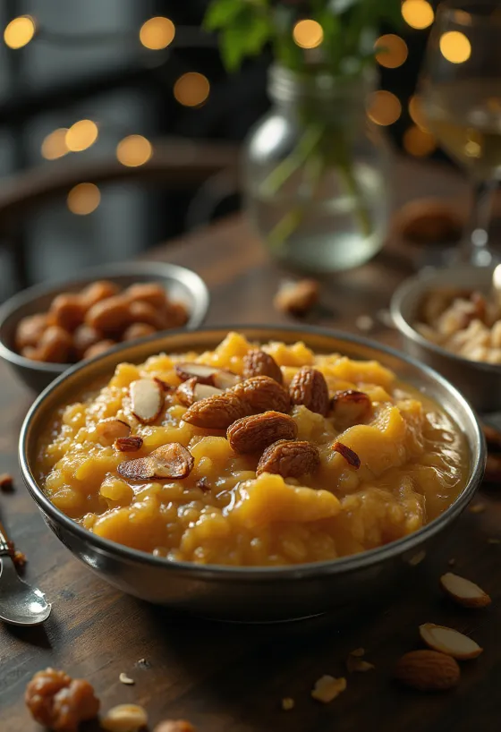 Bajra Halwa aranybarna színű, díszített tányéron tálalva