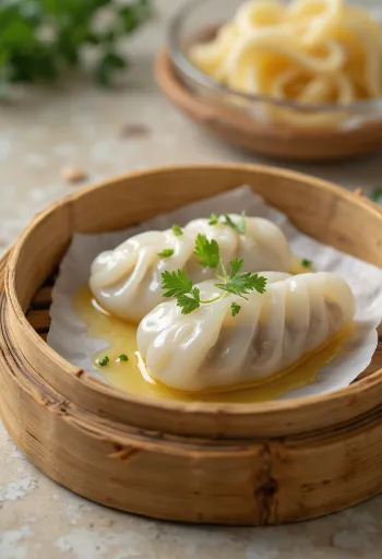 Bánh bột lọc bambuszrüggyel tálalva
