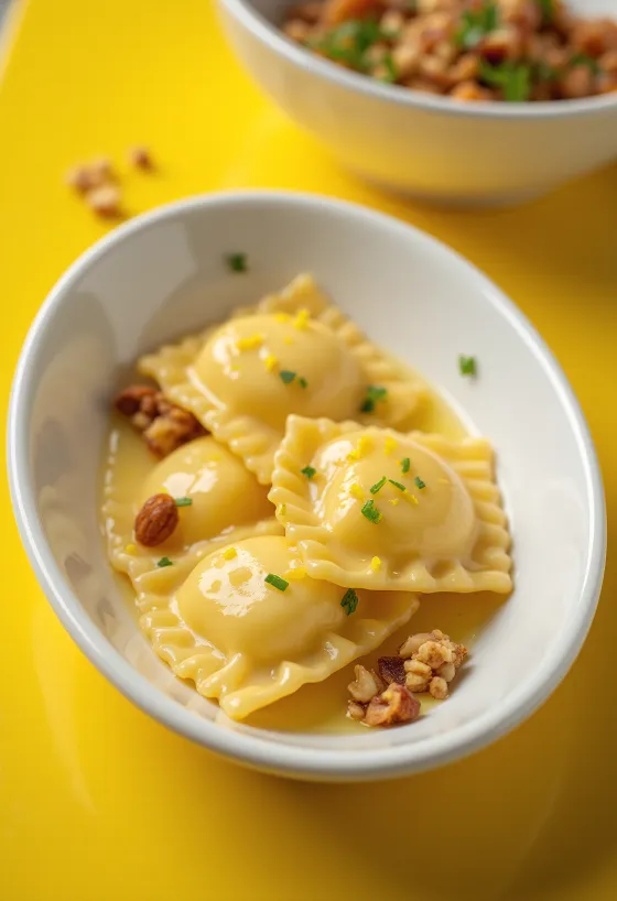Bazsalikomos citromos-mézes ravioli tálalva